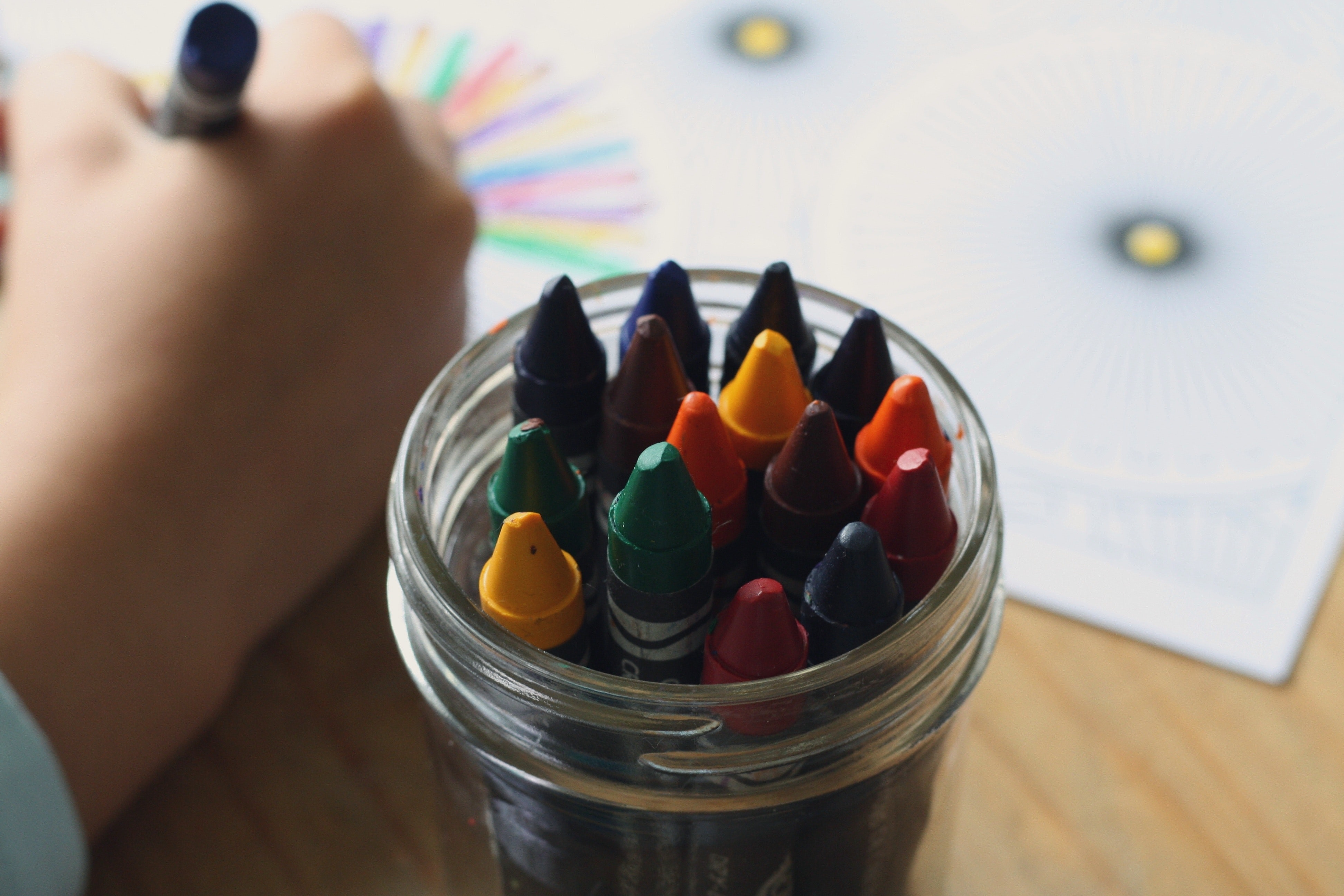 multicolored crayons inside clear plastic round case