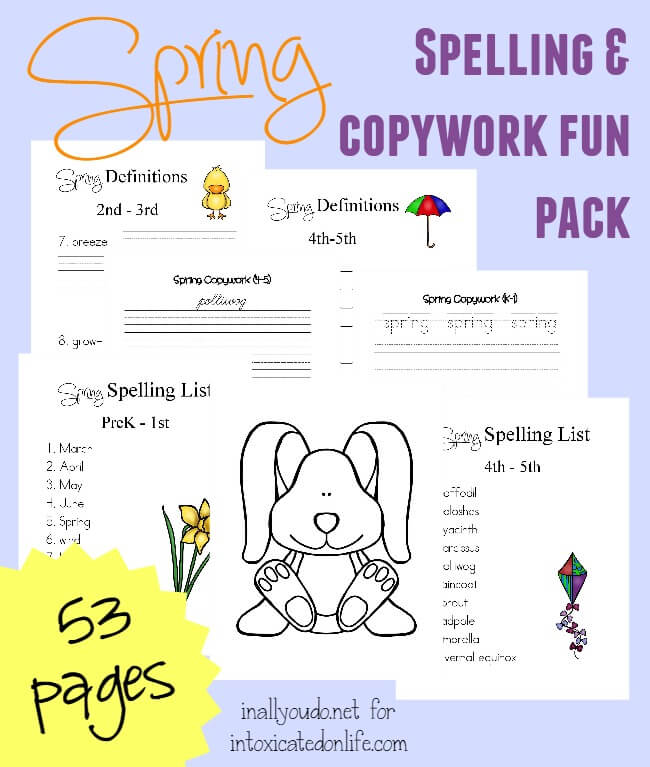 Spring is HERE!! Kids will have fun learning with this FREE Spring Spelling, Copywork and Fun Pack. {53 pages} :: www.intoxicatedonlife.com