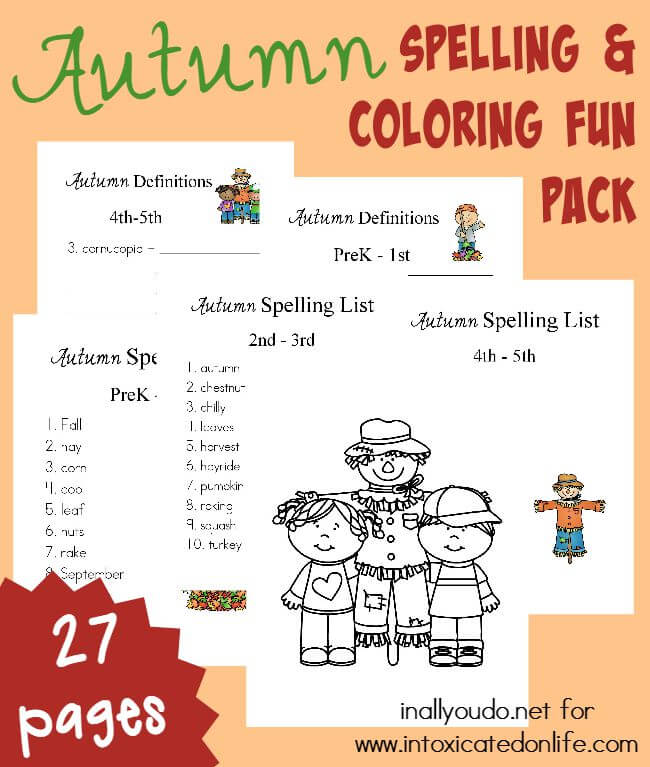Make spelling FUN with this Autumn Spelling & Coloring Activity Pack! 27 Pages of FREE Printables for PreK-5th grade! :: www.intoxicatedonlife.com