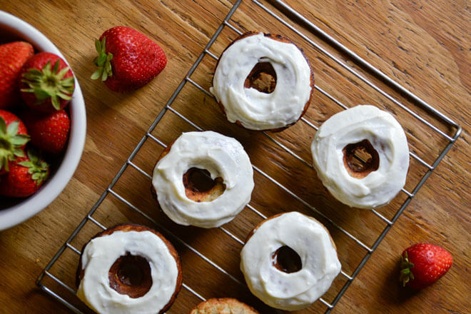 Strawberry Banana Donuts with Honey Cream Cheese Frosting