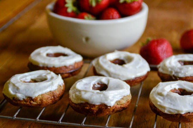 Strawberry Banana Donuts with Honey Cream Cheese Frosting