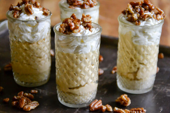 These grain-free, refined sugar-free No-Bake Pumpkin Pie Shooters with Honey Candied Pecans are a delicious, fall-flavored dessert sure to impress!