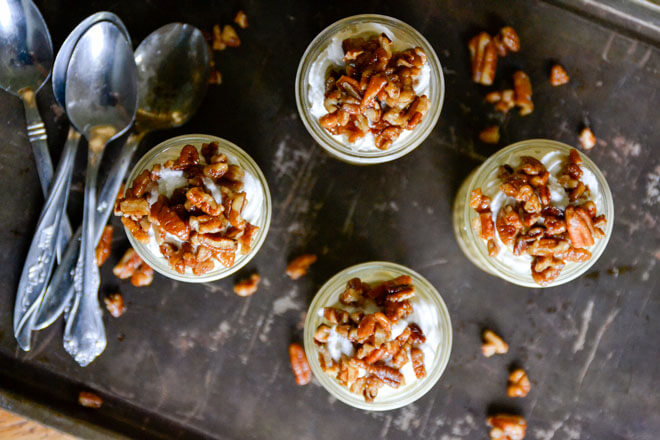 These grain-free, refined sugar-free No-Bake Pumpkin Pie Shooters with Honey Candied Pecans are a delicious, fall-flavored dessert sure to impress!